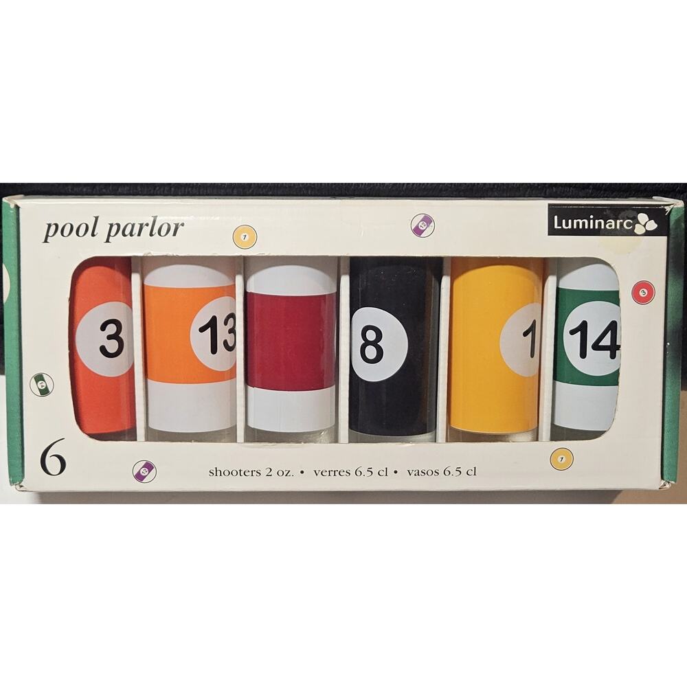 Vintage Luminarc Pool Parlor 2oz Billiard Ball Shot Glasses Set of 6 NIB